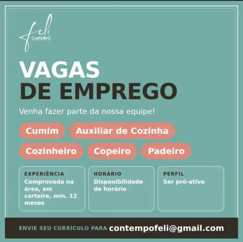 Vagas de emprego - Feli Contempô Restaurante