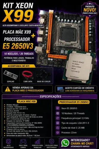 KIT X99 (Novo) - Placa Mãe X99 (4 Slot de RAM) e Processador E5 2650v3 (10 Núcleos)