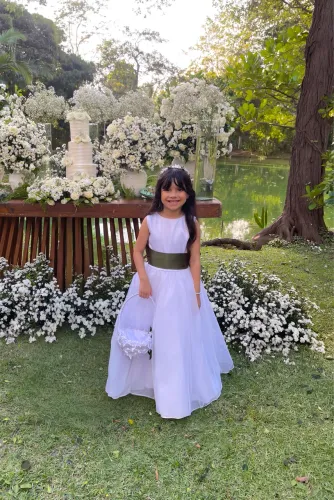 Vestido Daminha / Florista Com Laço Verde Oliva Removível e acessório de Cabelo