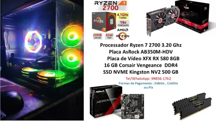 PC Gamer Ryzen 7 2700 RX580 8GB - Completo - Até 12 X 261,00 Sem Acréscimo !!! 