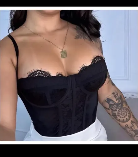 Cropped Corset Renda Corselet (PRETO) Alça Regulagem