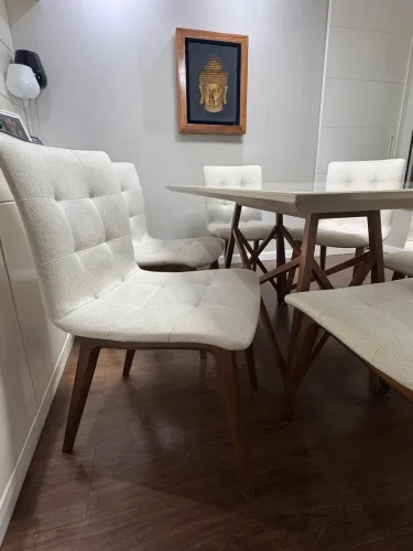Conjunto com 6 Cadeiras de Jantar | Madeira e Tecido Bege