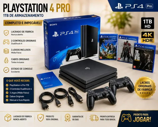 PS4 Pro 1TB Impecável | Lacres Originais de Fábrica | 2 Controles + Caixa + 3 Jogos