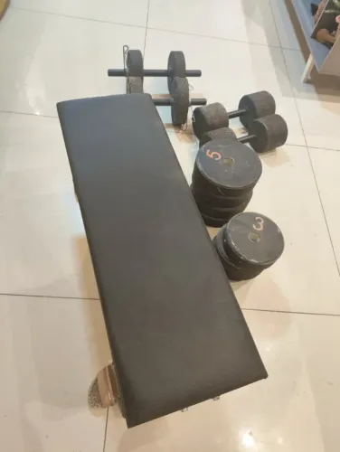 Kit Academia Completo 60kg - Banco Reto + Halteres + Anilhas + Barrinhas