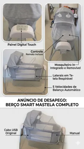 Berço Portátil Co-Sleeper Mastela 3 em 1 Completo Balanço Aut.-Bluetooth e Controle Remoto
