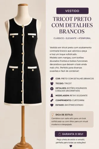 ? Vestido Tricô Preto com Detalhes Brancos ? 