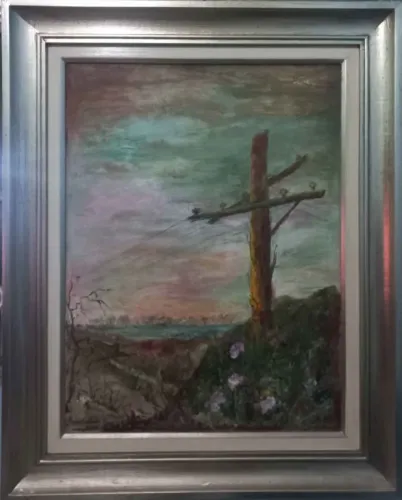 Pintura a óleo emoldurada retratando uma paisagem rural ao pôr do sol rural