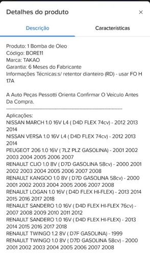BOMBA DE ÓLEO Renault, Peugeot e Nissan