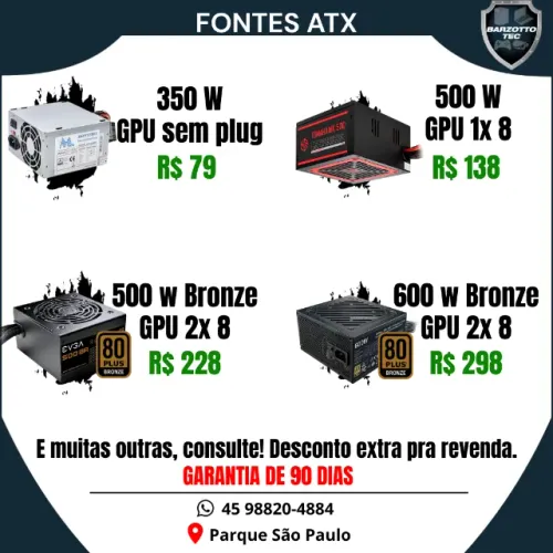 Fontes ATX 80 Plus com garantia de loja
