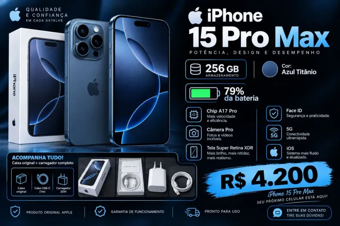 IPhone 15 pro Max, com tudo, com bateria em 79% em perfeito estado.