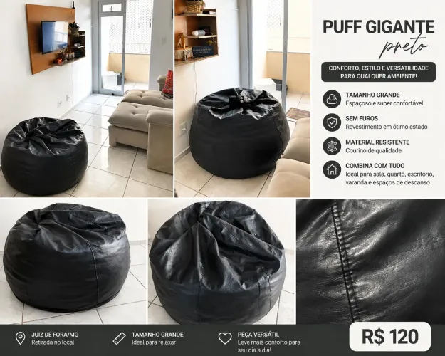 Puff gigante preto em courino