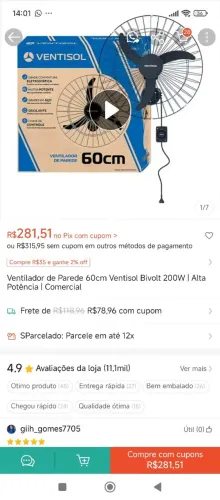 Ventilador de parede ventisol 60 cm usado 