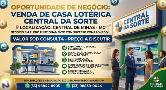 Vendo Casa Lotérica em Funcionamento - Central de Minas/MG - R$ 500.000