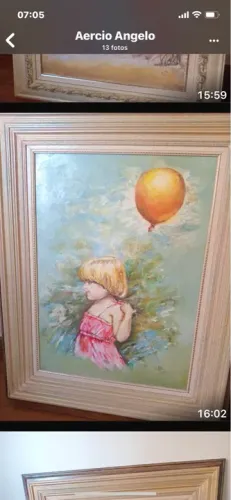 Quadro menina com balão pintura a óleo  de ano 2000. 