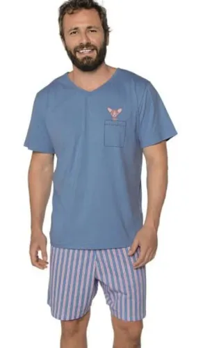 Oferta Exclusiva Conjunto Pijama Masculino Azul com Shorts Listrado