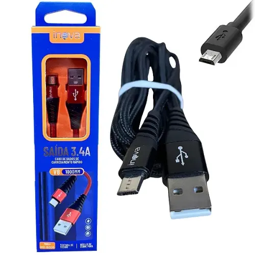Cabo de Carregamento e Dados Micro USB V8, 3.4A com 1 Metro - Inova em São Luís ma