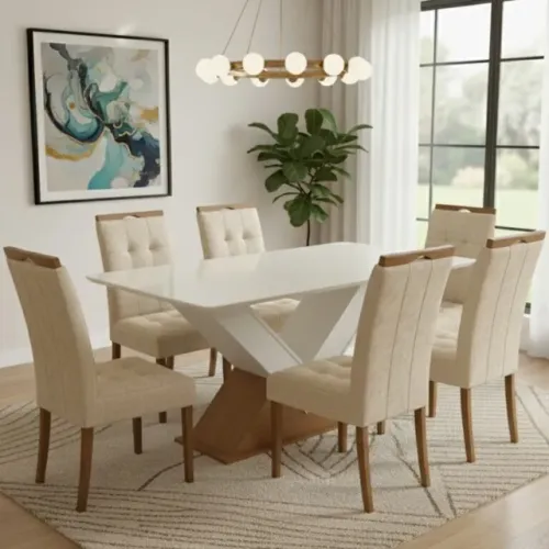 Conjunto de Jantar com 6 Cadeiras Sophia Amora BA35 160 Canela/Off White  Linho