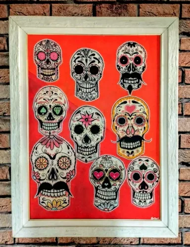 Tela Pintada a Mão Caveiras Mexicanas