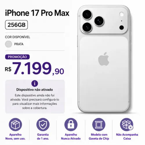 Apple Iphone 17 Pro Max 256GB Prata Open Box Novo 1 Ano de Garantia