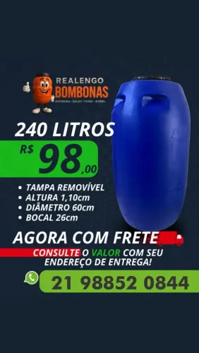 Bombonas 240L Bombona Galão Tonel Tambor Barril pra Água, Gelo, Ração, Óleo, Suco, Filtro