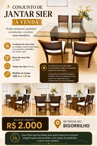 Mesa de Jantar Sier com Vidro 1,80m + 4 Cadeiras Reformadas | R$ 2.000