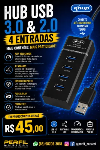 Hub USB 3.0 e 2.0 4 entradas