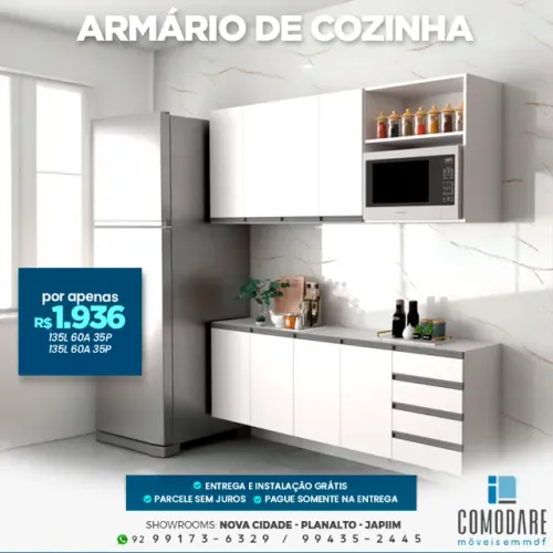 Armário de Cozinha Branco com Nicho para Micro-ondas - R$ 1.936