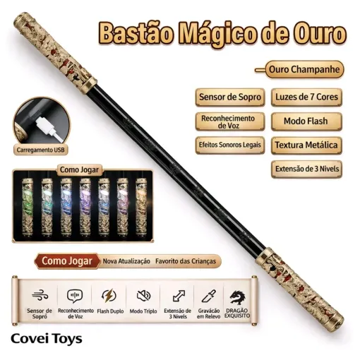 Bastão Mágico Retrátil Preto Metálico Com Luzes Led Sons Música Efeito Sopro