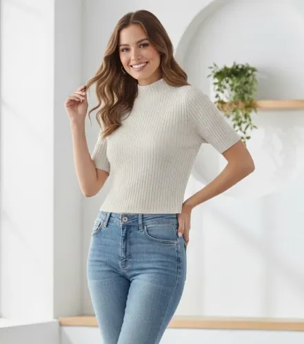Cropped tbm M tricô canelado bege Zara