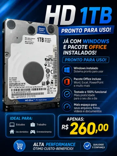 HD De 1TB já com Windows e office instalados