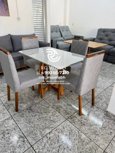 Mesa de jantar 1,20x0,80 Tampo Vidro + 4 Cadeiras Madeira maciça