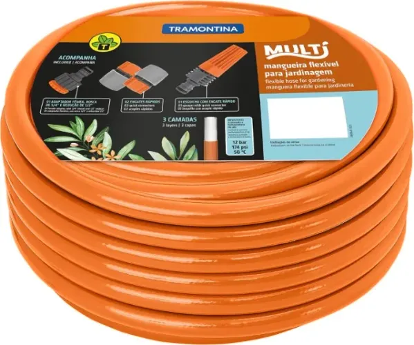 Mangueira Super Flex Tramontina 25m Com Engates Rosqueados E Esguicho Em Pvc Laranja