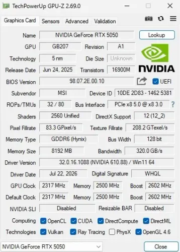 Placa de Vídeo RTX 5050 Shadow 2x OC Original com Caixa