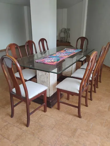Mesa madeira, vidro e marmore
