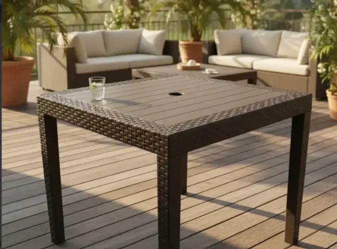 Mesa de Plástico com 04 lugares, Estilo Rattan Desmontável - LACRADA