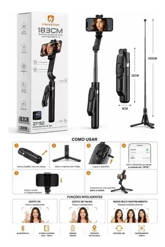 Bastão de Selfie 360° com Controle Remoto 1,83m ZP32 Tripé AI (Novo)