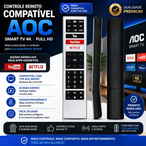Controle Compatível TV Aoc Smart 4k Full Hd YouTube Netflix