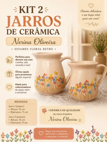 Enfeite | Decoração | Jarros de Cerâmica | Nerina Oliveira | Estampa Floral | Frete Grátis