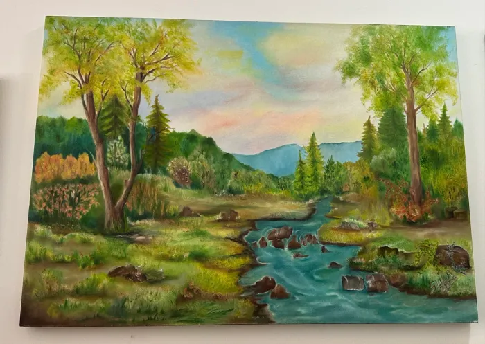 Quadro óleo sobre tela paisagem rio
