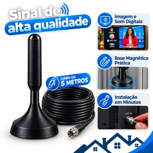 Antena Digital Tv Interna Externa Base Magnética Cabo 5m