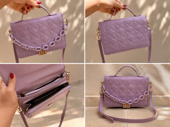 ? Bolsa Feminina Lilás Matelassê com Alça de Corrente