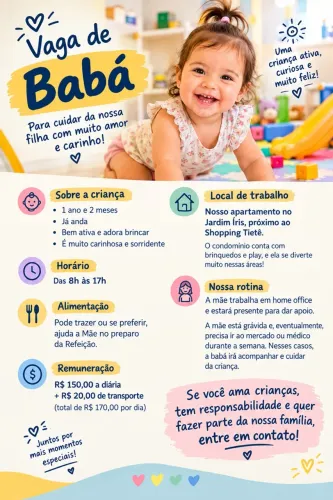 VAGA DE BABÁ - JARDIM ÍRIS / PRÓXIMO AO SHOPPING TIETÊ