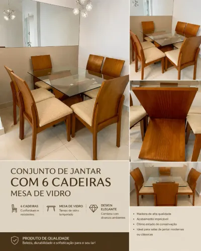 Conjunto de Jantar com 6 Cadeiras - Mesa de Vidro