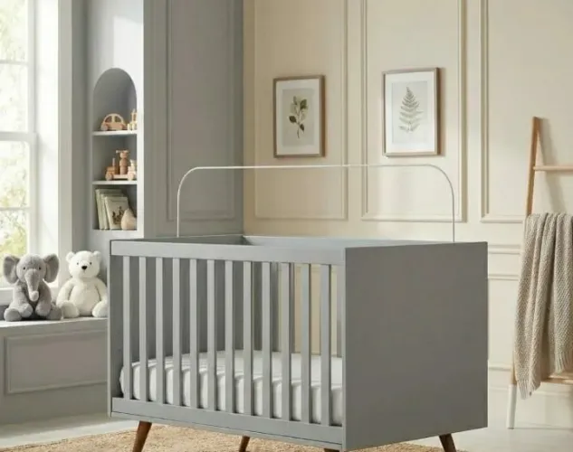 Berço/cama infantil cinza com colchão e travesseiro antirefluxo