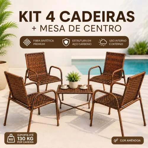 Kit 4 Cadeiras Junco + Mesinha Sintético para Jardim Piscina Área Externa Sacada Varanda