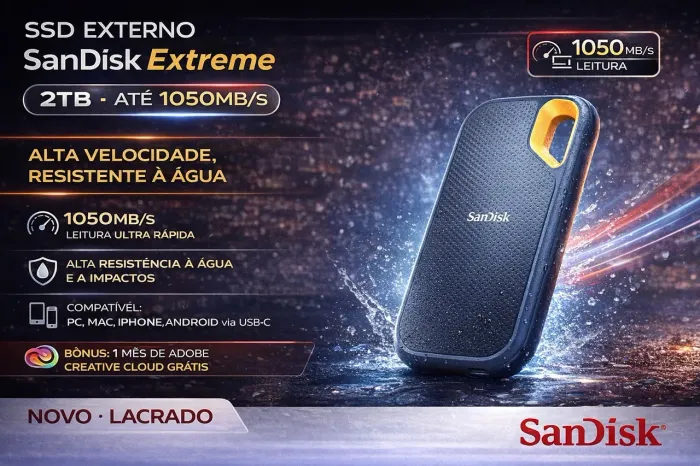 SSD Externo SanDisk Extreme 2TB USB-C 1050MB/s Novo Lacrado