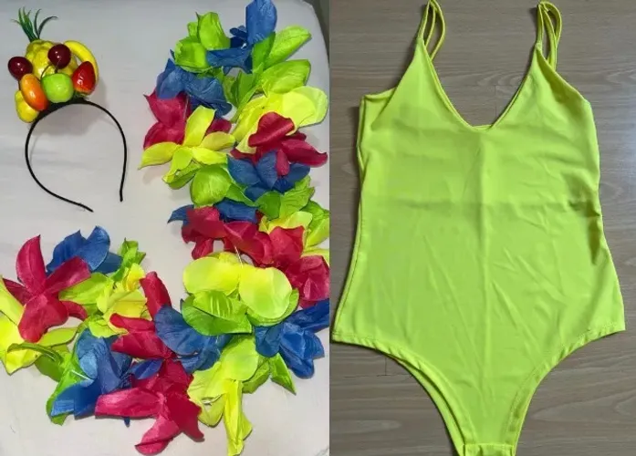 Fantasia Tropical Completa - Body Amarelo + Tiara Frutas + Colar Flores