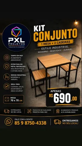 Kit Conjunto Mesa 70x70 + 2 Cadeiras - MDF com Metal