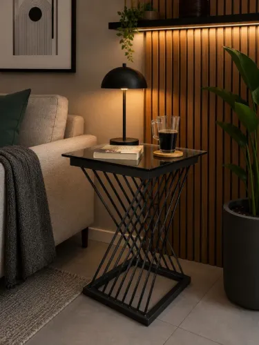 Mesa lateral estilo industrial <br>Altura 65 cm<br>Tampo 36x36
