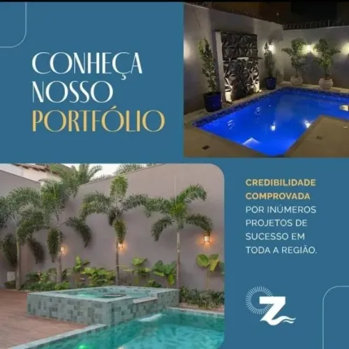Piscina em alvenaria, vinil e fibra.